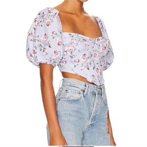 Bardot Kiah Linen Floral Corset Top With Puff Sleeves -Size 4 - Blue Rose Floral